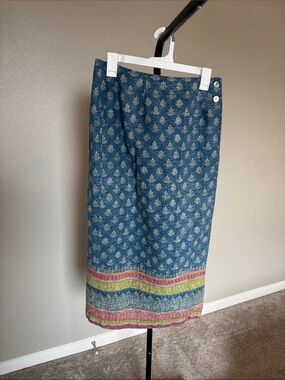Bushwhacker USA Blue Printed Midi Skirt Multicolor Trim- Linen/ Cotton Blend